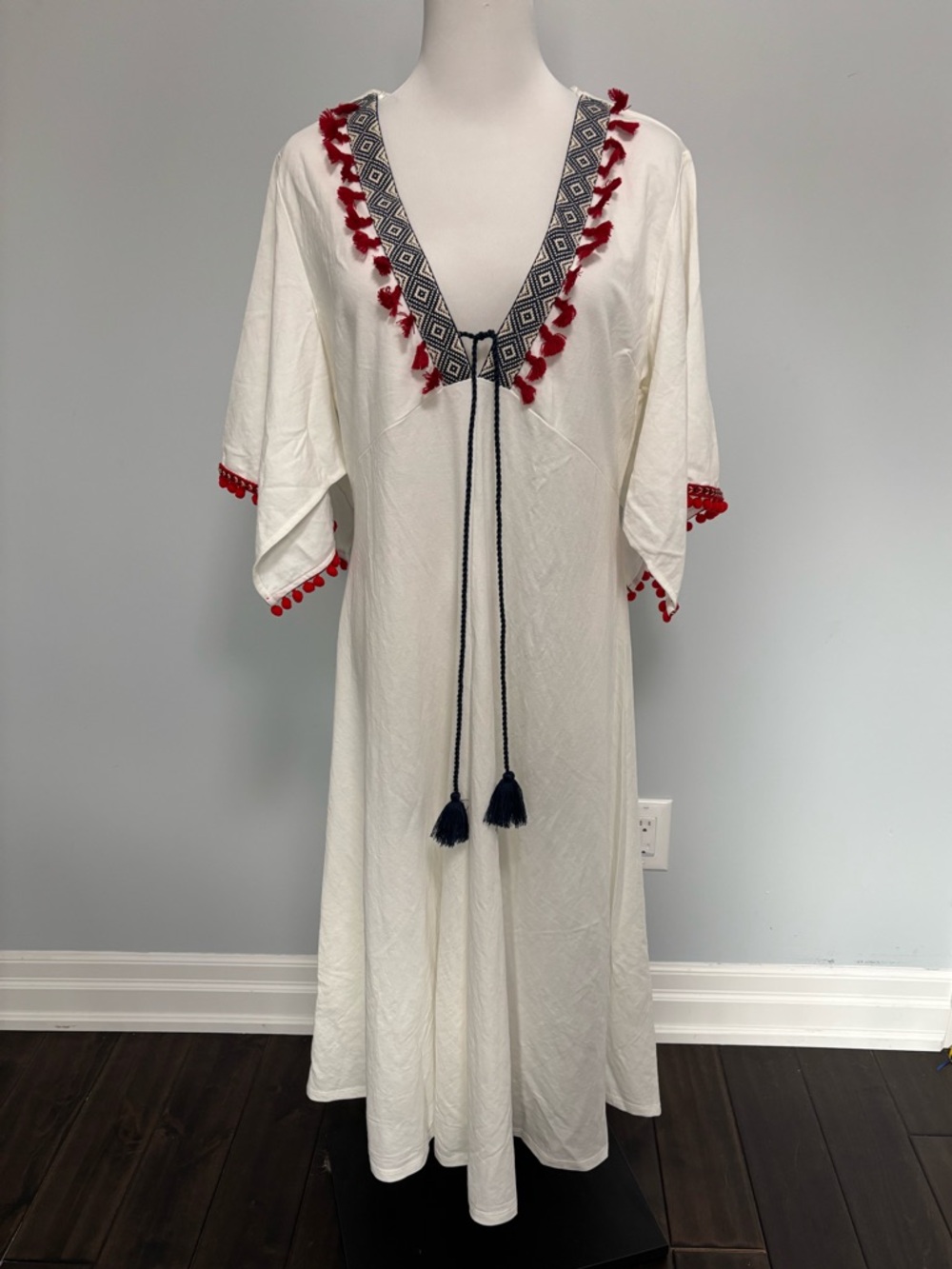 Zara White V-Neck Dress with Navy Geometric Trim and Red Tassels